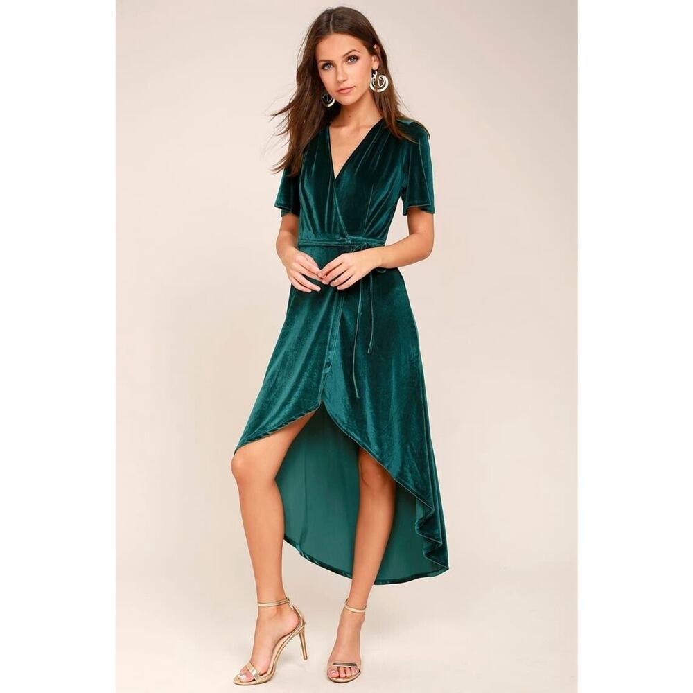 Lulus Amour Green Velvet Wrap Dress High Low Flutter Sleeve Stretch V Neck L